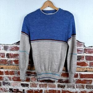 Vintage Electric Avenue Sweater Size Small Blue Tan Colorblock Wool Crewneck 90s